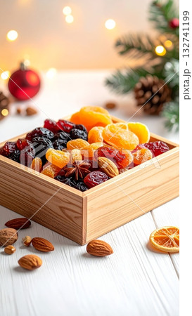 Dried Fruits in Wooden Christmas Box Dried Fruits in Wooden Christmas Box 132741199