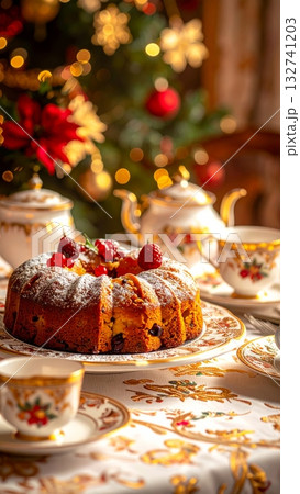 Fruit Cake on Elegant Plate with Tea Set 132741203