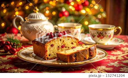 Fruit Cake on Elegant Plate with Tea Set Fruit Cake on Elegant Plate with Tea Set 132741204