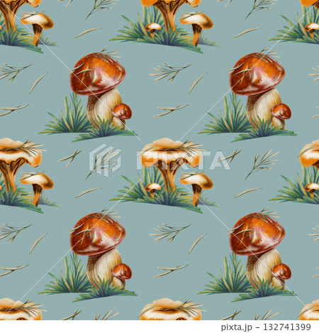 Autumn seamless pattern of chanterelle and red cap bolete mushrooms in the yellowing grass of a forest with pine needles on caps.Handmade illustrations in watercolor and colored pencil 132741399