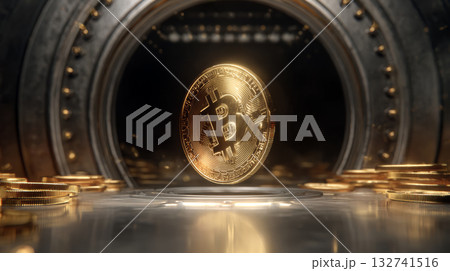 Golden bitcoin coin floating in front of open vault door, digital currency concept, futuristic financial security, glowing light 132741516