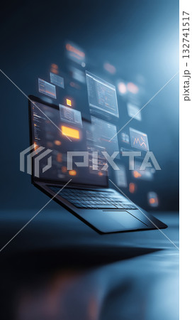 Floating laptop digital interface coding futuristic technology data analysis blue background innovation modern workspace 132741517