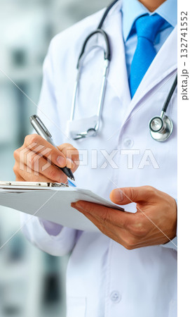 Doctor in white coat with stethoscope writing on clipboard, close up, professional healthcare worker in hospital setting 132741552