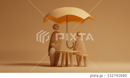 Wooden family figure umbrella table chair minimal protection safety parent child warm togetherness calm 132741680