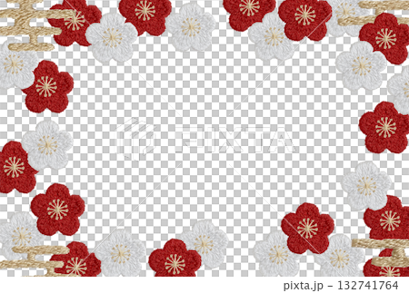 [Plum blossom square frame] Hand-embroidered illustration material 132741764