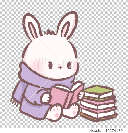 Cute Bunny Reading Book Kawaii Rabbit with Stack of Books Cozy Winter Scarf Illustration Adorable Animal Character Art for Book Lovers Stationery Stickers and Crafts 132741804
