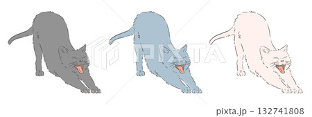 のびをする猫のイラストのセット（黒・ブルー・白） 132741808