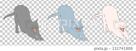 一組貓咪伸懶腰的插圖（黑色、藍色、白色） 132741808