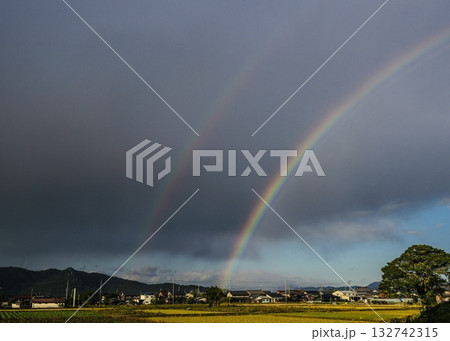田園に架かる二重の虹　ダブルレインボーの起点 132742315