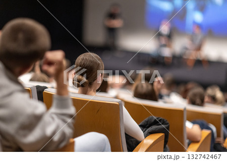 Interview and round table discussion at business convention and presentation. Audience at the conference hall. Business and entrepreneurship symposium. 132742467