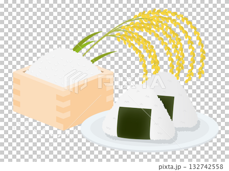升に入った白米と稲穂と皿に乗ったおにぎりのイメージイラスト 升に入った白米と稲穂と皿に乗ったおにぎりのイメージイラスト 132742558