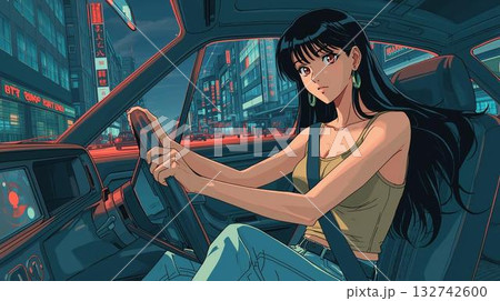 ネオン街を走る車内から見た未来都市とアニメ風女性 ネオン街を走る車内から見た未来都市とアニメ風女性 132742600