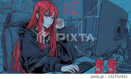 キャップとヘッドホンの音楽を楽しむ女性イラスト 132742841