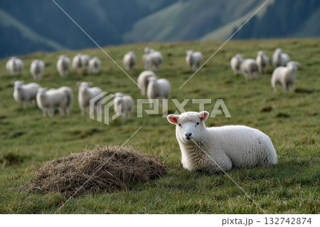 Young well-groomed lambs graze in a field. 132742874