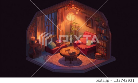 暖かい照明に包まれた夜の読書スペースの一角 132742931