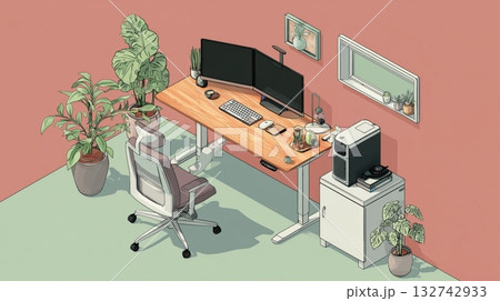 観葉植物とスタンディングデスクの明るいホームオフィス 観葉植物とスタンディングデスクの明るいホームオフィス 132742933