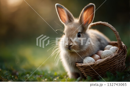 a cute baby bunny carrying an easter basket 132743065