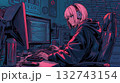 サイバーパンクな部屋でコーディングするピンク髪の女性プログラマー 132743154