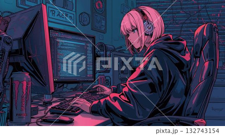 サイバーパンクな部屋でコーディングするピンク髪の女性プログラマー サイバーパンクな部屋でコーディングするピンク髪の女性プログラマー 132743154