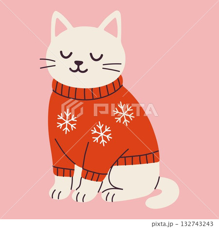 Cute White Cat in Red Christmas Sweater Cute White Cat in Red Christmas Sweater 132743243