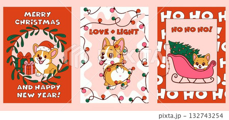 Set of festive cartoon Corgi Christmas greeting cards with Santa hats, gift boxes, Christmas lights, wreath, sleigh and holiday messages on red and pink backgrounds Set of festive cartoon Corgi Christmas greeting cards with Santa hats, gift boxes, Christmas lights, wreath, sleigh and holiday messages on red and pink backgrounds 132743254