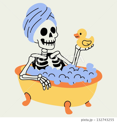 Funny Skeleton Taking a Bubble Bath with Rubber Duck 132743255