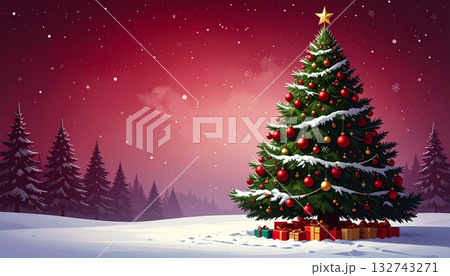 ワインレッドの背景のクリスマスツリーとプレゼントの箱 ワインレッドの背景のクリスマスツリーとプレゼントの箱 132743271