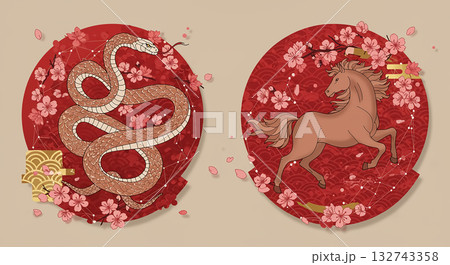 蛇と馬の和柄イラスト・干支の縁起デザイン素材 蛇と馬の和柄イラスト・干支の縁起デザイン素材 132743358