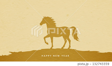 金色の馬シルエットと英語の新年メッセージ背景 金色の馬シルエットと英語の新年メッセージ背景 132743359
