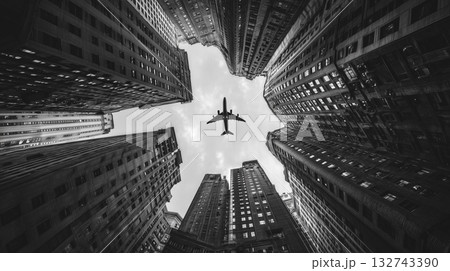 都市の狭間を飛ぶ影｜モノクロームの空を切り裂く飛行機 132743390