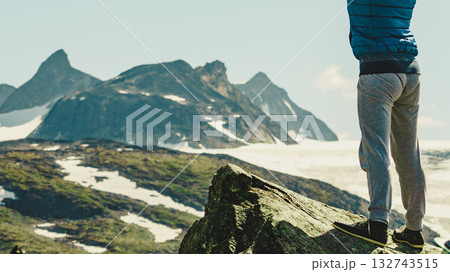Tourist hiker in Norway mountains Tourist hiker in Norway mountains 132743515