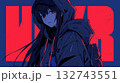 フーディー姿で振り向く女性のグラフィカルなアニメイラスト 132743551