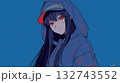キャップとパーカーを着た赤い瞳の女性キャラクターイラスト 132743552