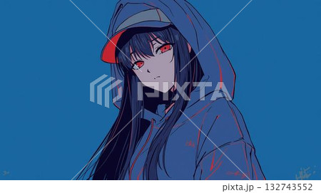 キャップとパーカーを着た赤い瞳の女性キャラクターイラスト 132743552