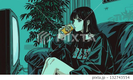 リビングで缶ビールを飲んでリラックスする女性 132743554