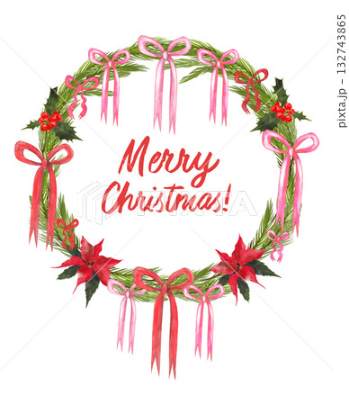 Illustration of a Christmas wreath made of fir branches with trendy pink and red bows. Lettering saying Merry Christmas. 132743865
