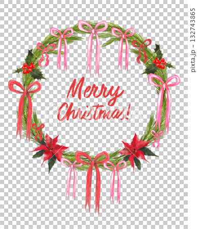 Illustration of a Christmas wreath made of fir branches with trendy pink and red bows. Lettering saying Merry Christmas. 132743865