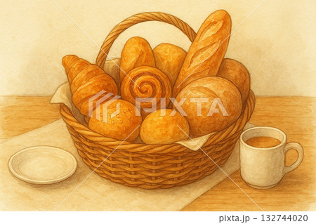 食卓の上のパンの詰め合わせかご 食卓の上のパンの詰め合わせかご 132744020