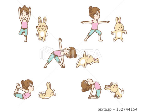 ポップでかわいい手描きのヨガイラストセット 132744154