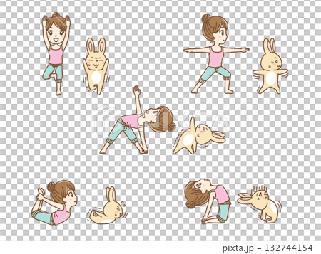 ポップでかわいい手描きのヨガイラストセット 132744154