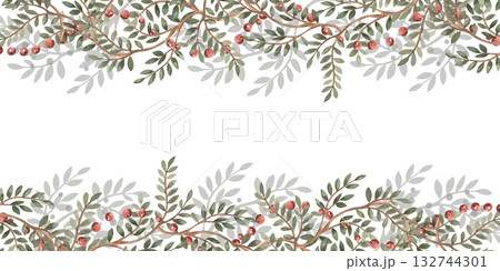 A rectangular frame of twisting green branches and rowan berries. Isolated watercolor illustration for packaging design, interior decoration, poster printing, fabric, and postcards. 132744301