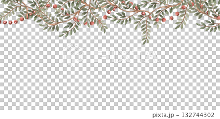 A rectangular frame of green branches, rowan berries, and bunches of berries. Isolated watercolor illustration for packaging design, interior decoration, poster printing, fabric, and postcards. 132744302
