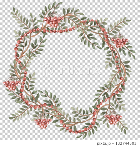 A wreath of green branches, rowan berries, and bunches of grapes. Isolated watercolor illustration for packaging design, interior decoration, posters, fabrics, and postcards. 132744303