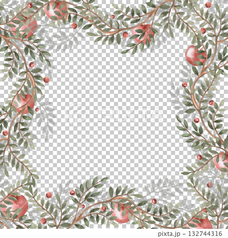 A square frame of green branches, juicy apples, and berries. Isolated watercolor illustration for packaging design, interior decoration, posters, fabrics, and postcards. 132744316