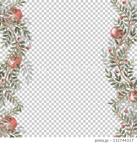 A square frame of green branches and juicy apples. Isolated watercolor illustration for packaging design, interior decoration, posters, fabrics, and postcards. A square frame of green branches and juicy apples. Isolated watercolor illustration for packaging design, interior decoration, posters, fabrics, and postcards. 132744317