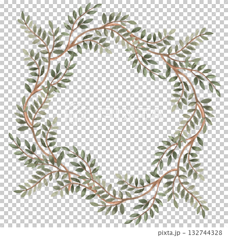 A wreath of green branches. Isolated watercolor illustration for packaging design, interior decoration, posters, fabrics, and postcards. A wreath of green branches. Isolated watercolor illustration for packaging design, interior decoration, posters, fabrics, and postcards. 132744328