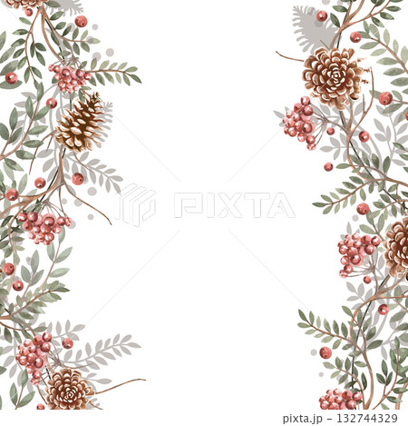 A square frame with a composition of branches and pine cones. Isolated watercolor illustration for Christmas packaging design, interior decoration, and printing on posters, fabrics, and cards. A square frame with a composition of branches and pine cones. Isolated watercolor illustration for Christmas packaging design, interior decoration, and printing on posters, fabrics, and cards. 132744329