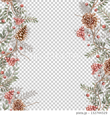 A square frame with a composition of branches and pine cones. Isolated watercolor illustration for Christmas packaging design, interior decoration, and printing on posters, fabrics, and cards. A square frame with a composition of branches and pine cones. Isolated watercolor illustration for Christmas packaging design, interior decoration, and printing on posters, fabrics, and cards. 132744329
