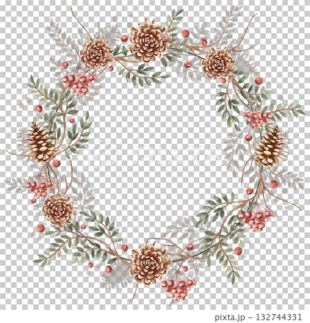 A wreath with branches, pine cones, and rowan berry clusters. Isolated watercolor illustration for Christmas packaging design, interior decoration, poster printing, fabric, and postcards. 132744331