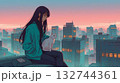 夕暮れの屋上で白猫と座る長髪女性の都市風景イラスト 132744361